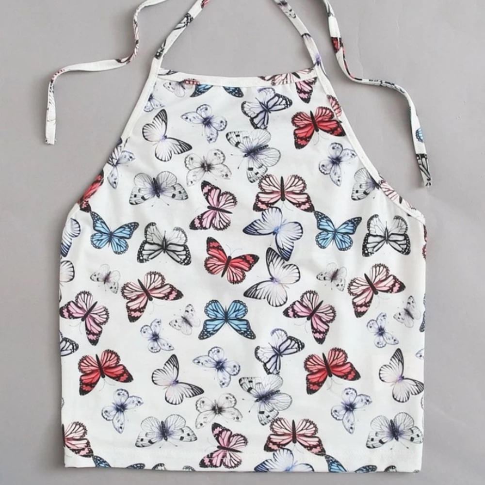 SHEIN Butterfly Print Halterneck Crop Top Size Medium